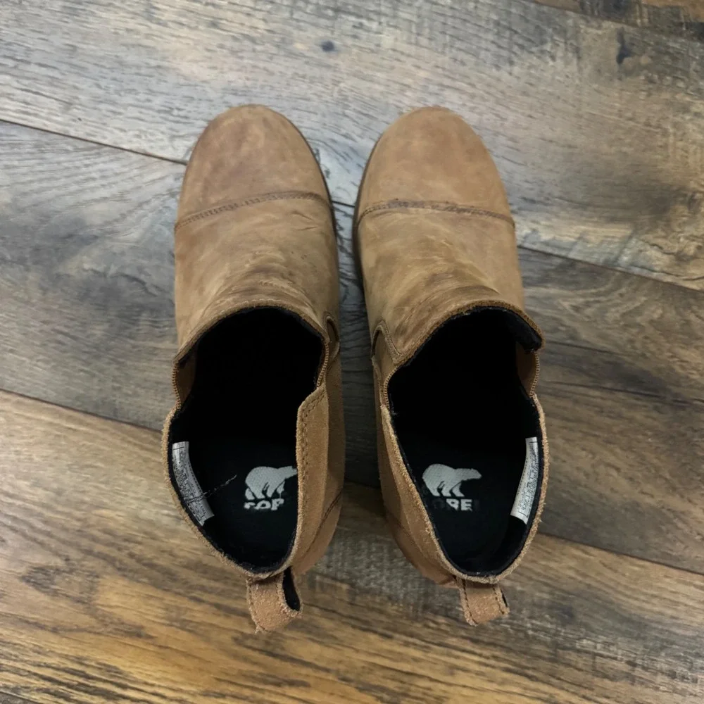 Sorel Evie Chelsea Boots Tan Leather Suede Wedge Ankle Booties Size 6.5 Gorpcore